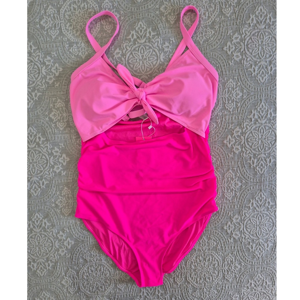 Aqua Eve Pink‎ Colorblock Tie Front Tummy Control One Piece Swimsuit XL